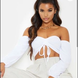 White Ruched Long Sleeve Off the Shoulder Crop Top